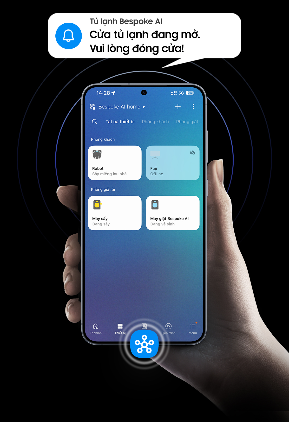 Tủ lạnh Bespoke AI Cửa tủ lạnh đang mở. Vui long đóng cửa!