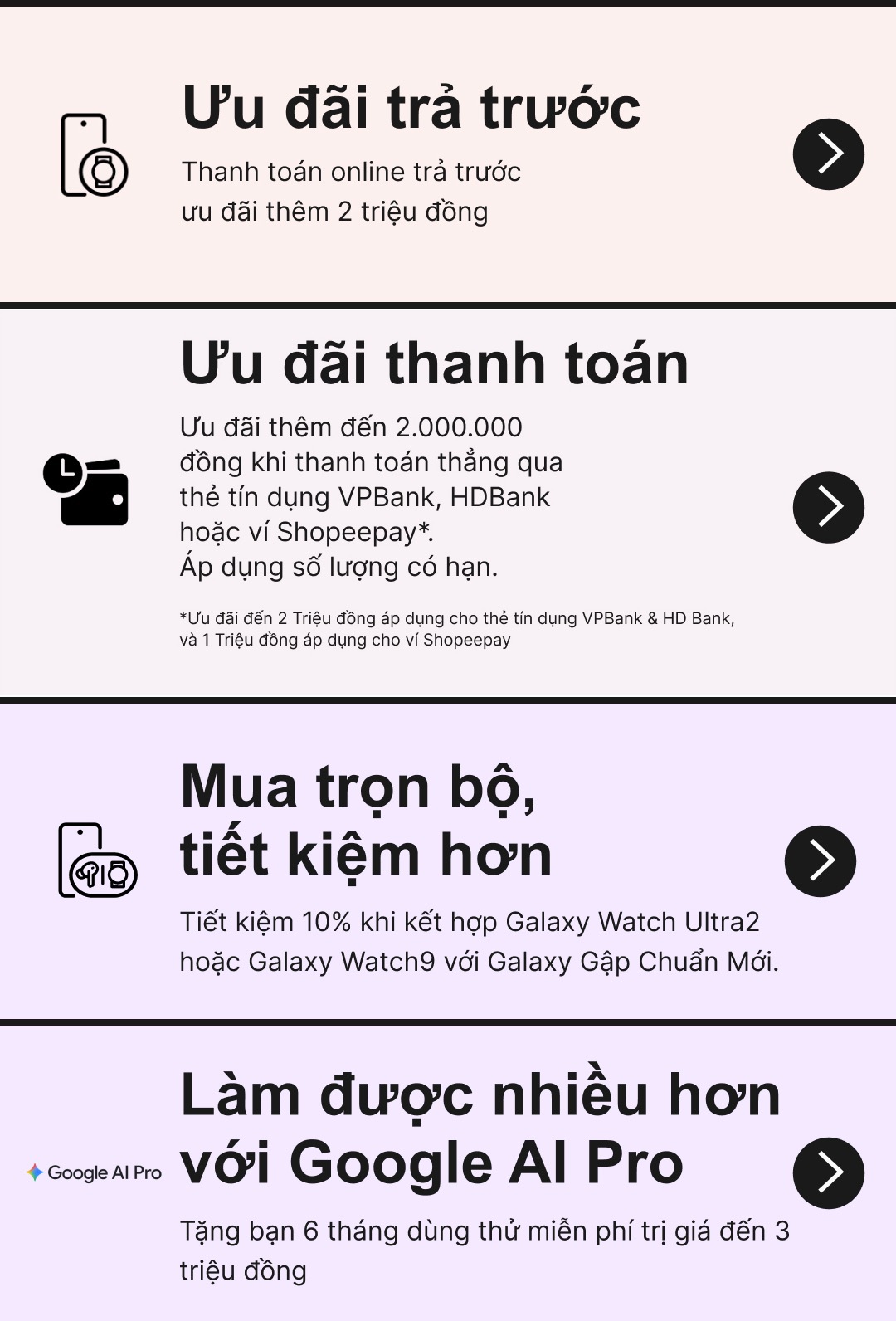 Ưu đãi trả trước, ưu đãi thanh toán, mua trọn bộ tiết kiệm hơn và 6 tháng dùng thử Google AI Pro